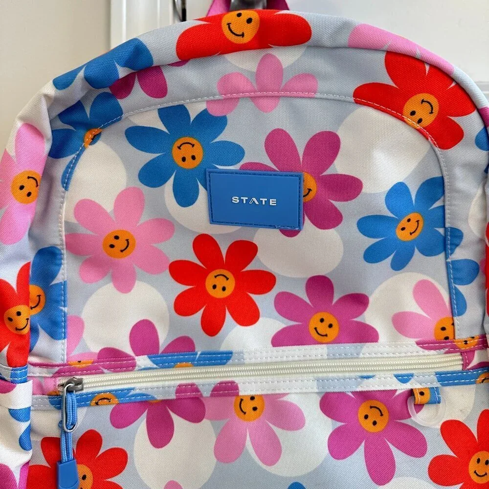 STATE Kids Backpack - White with Blue Pink Red Floral Smiley Print - Picture 3 of 10